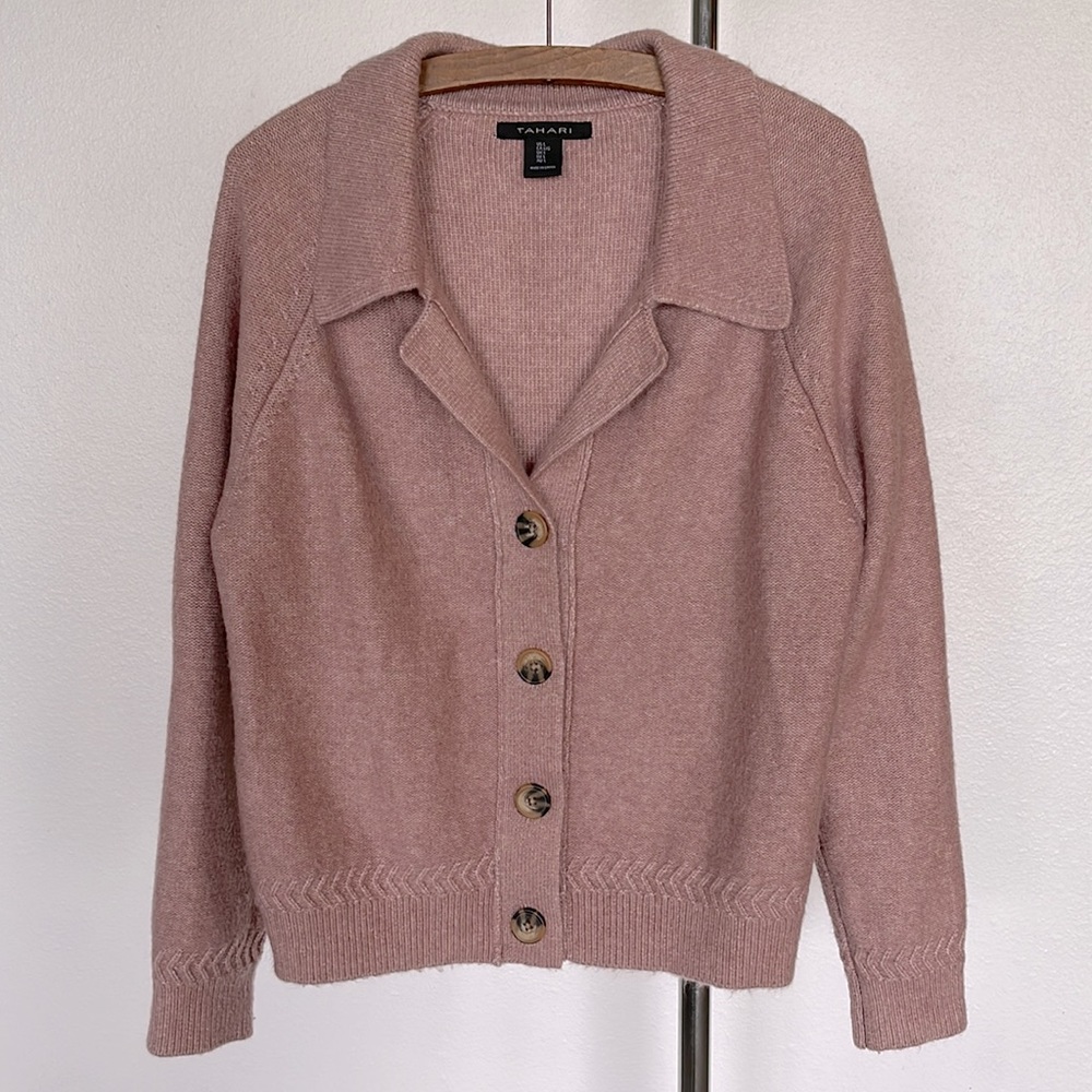 TAHARI Dusty Rose Blush Cardigan Sweater Super Soft Buttons Arrow Large